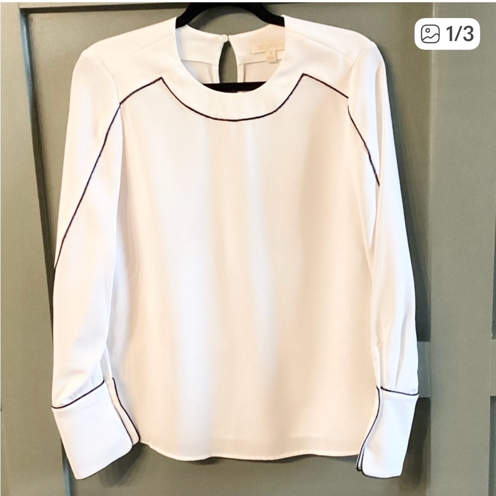 NWOT ETCETRA Elegant White Blouse with Black Trim - Picture 1 of 3